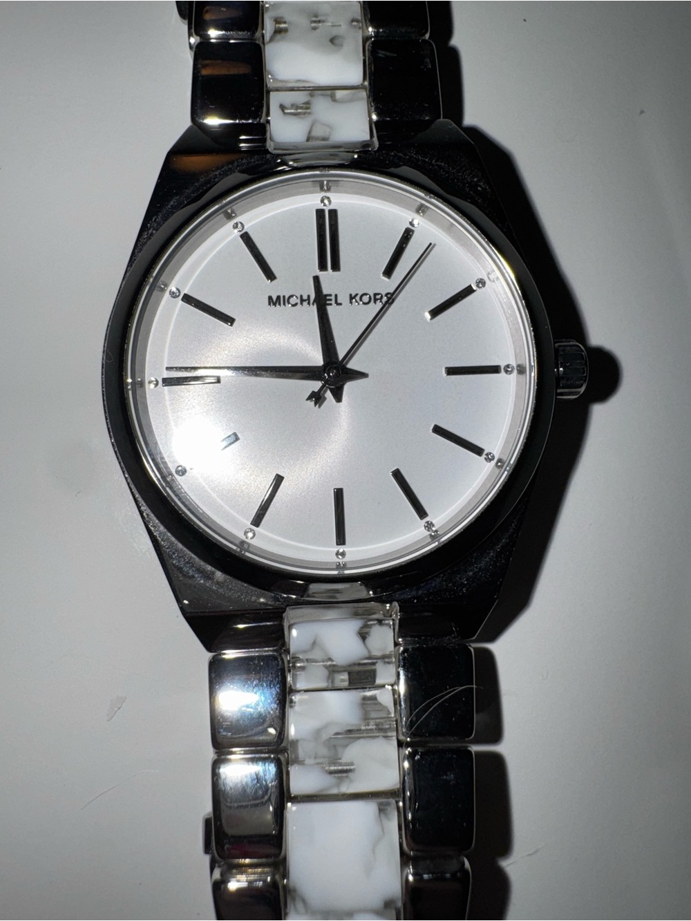Michael Kors Silver Watch with White Marble Accent Links
